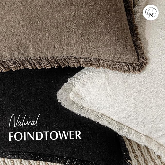 Foindtower Set of 2 Decorative Linen Fringe Throw Pillow Covers Cozy Boho Farmhouse Cushion Cover with Tassels Soft Accent Pi