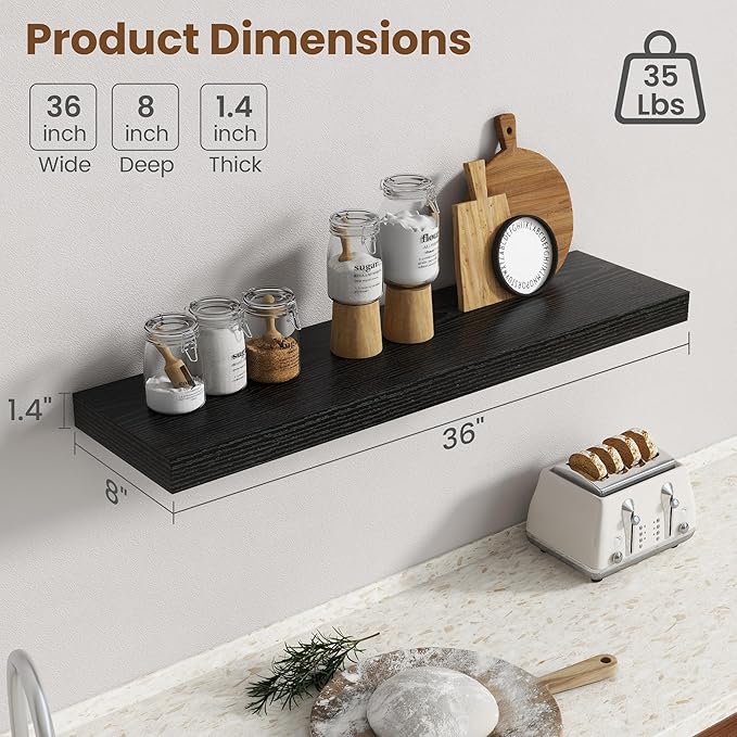 36 Inch Floating Shelves for Wall, 8 Inch Deep Floating Shelf for Storage & Display, Rustic Wall Mounted Shelf with Invisible