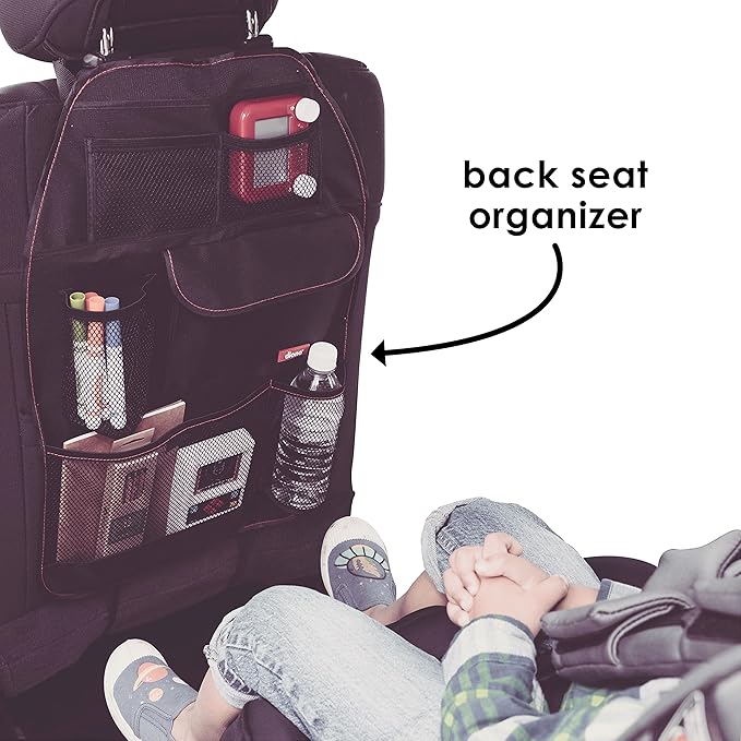 Diono Stow 'n Go Car Back Seat Organizer for Kids, Kick Mat Back Seat Protector, with 7 Storage Pockets, 2 Drinks Holders, Wa