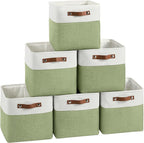 FinishingBo Cube Storage Baskets 6 Pack, 11x11 inch Cube Storage Bins with Leather Handles for Shelf Closet (White/ Green)