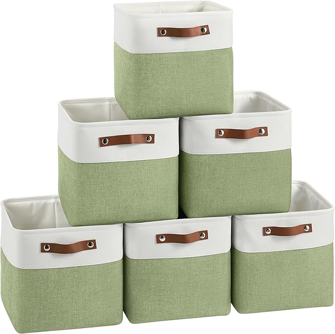 FinishingBo Cube Storage Baskets 6 Pack, 11x11 inch Cube Storage Bins with Leather Handles for Shelf Closet (White/ Green)