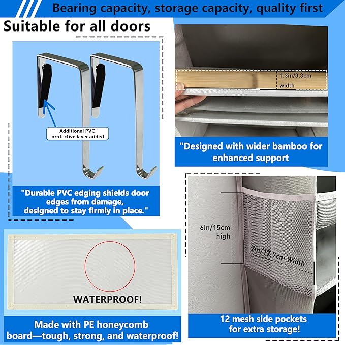 over the door organizer, Solid Bamboo Board (Not Plastic!) 6-Tier Heavy Duty 75LB, 12 Side Pockets, 3 Reinforced Hooks & Anti