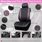 CAR PASS Bling Diamond Car Seat Covers Full Set, Shining Rhinestone Waterproof Faux Leather, Rear with Zipper, Universal Fit Automotive Glitter Crystal Sparkle Strips for Women Girl, Black Pink