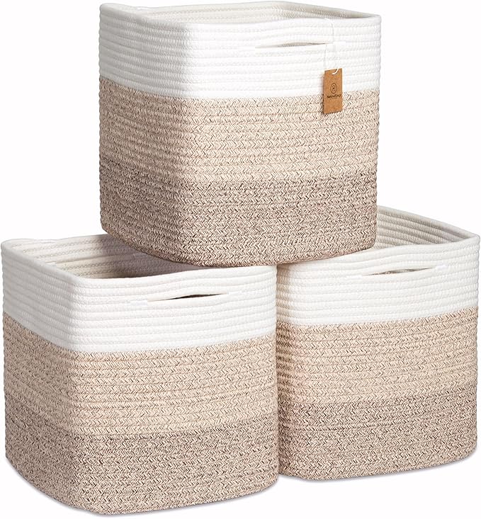 NaturalCozy Storage Cubes 11 Inch Cotton Rope Woven Baskets for Organizing, 3-Pack | Cube Storage Bin | Square Storage Basket