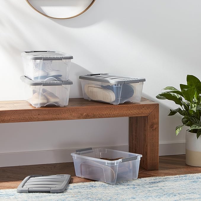 Amazon Basics Plastic Storage Containers with Secure Latching Lids, Stackable Organization Bins for Organizing, Clear/Grey, 1