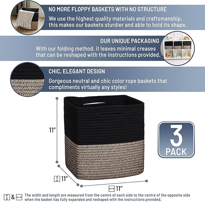 NaturalCozy Storage Cubes 11 Inch Cotton Rope Woven Baskets for Organizing, 3-Pack | Cube Storage Bin | Square Storage Basket