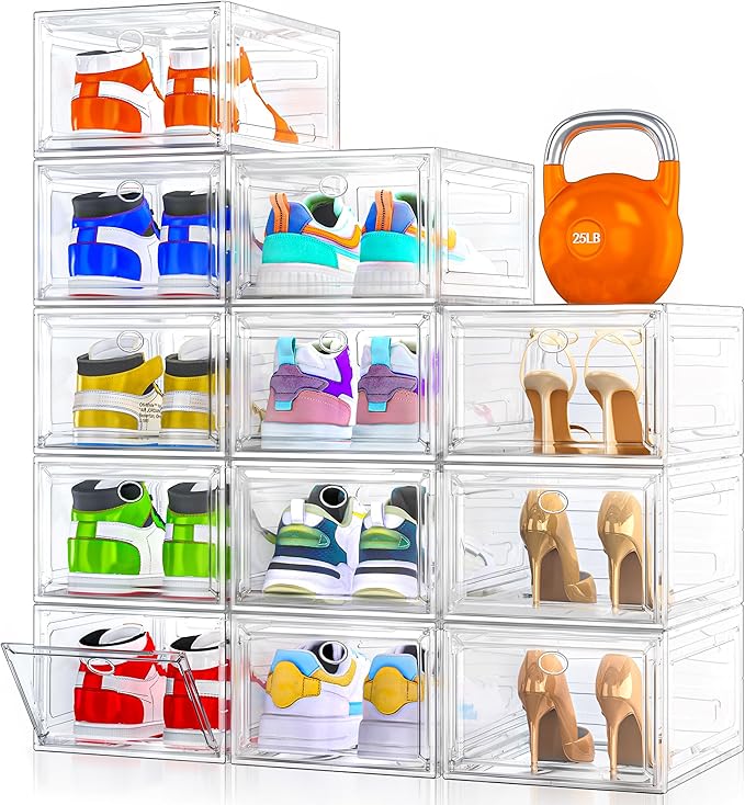 12 Pack Clear Shoe Storage Organizer with Magnetic Door,Stackable Plastic Shoe Boxes for Sneakers,Boots,and Heels,Space-Savin
