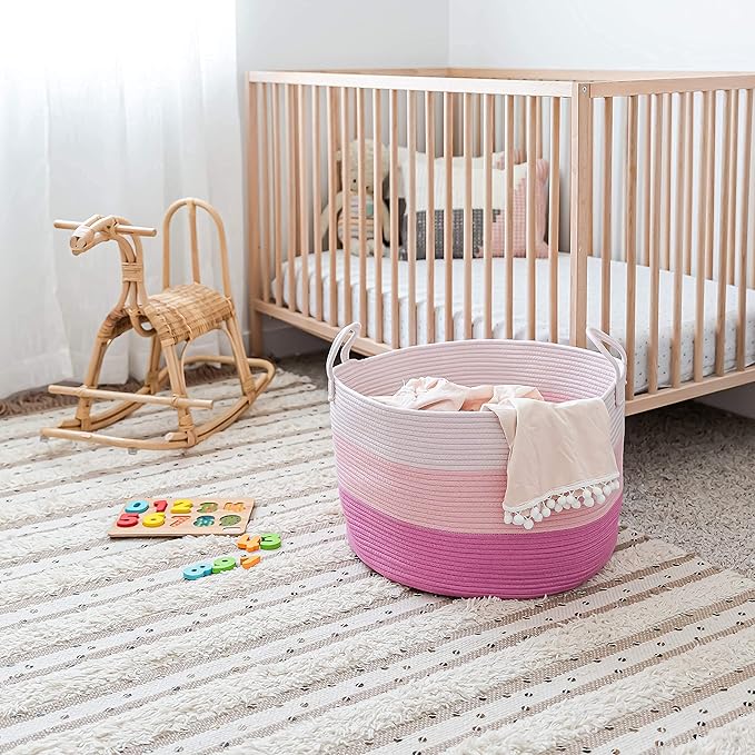 OrganiHaus Large Woven Storage Basket for Blankets and Toys 20" x 13" Inch, Rope Laundry Basket with Handles, Cushions & Pill