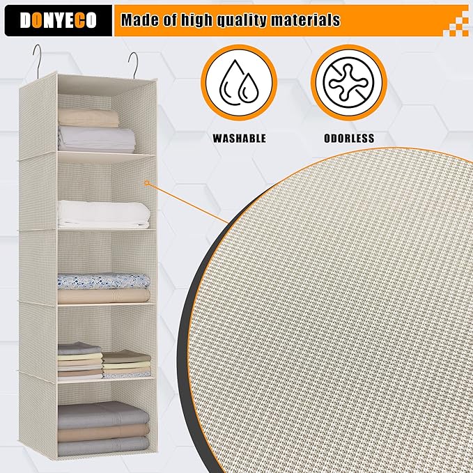 Hanging Closet Organizer, Easy Mount Foldable 5-Shelf Hanging Closet Wardrobe Storage Shelves, Clothes Handbag Shoes Accessor