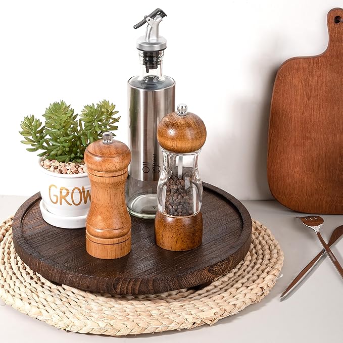 Round Decorative Tray Wood Bathroom Counter Organizer Farmhouse Kitchen Decor Wooden Riser for Soap Dish, Perfume, Candle, Sp