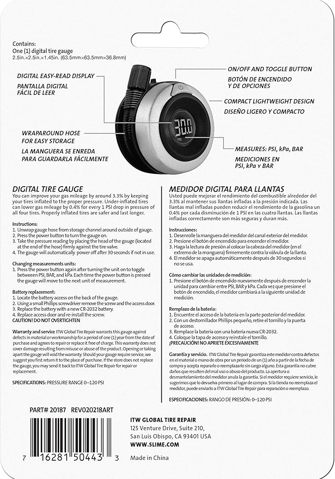 Slime 20187 Tire Pressure Gauge, Digital, Wraparound, Fits Any Size Tire Rims (0-120 Psi)