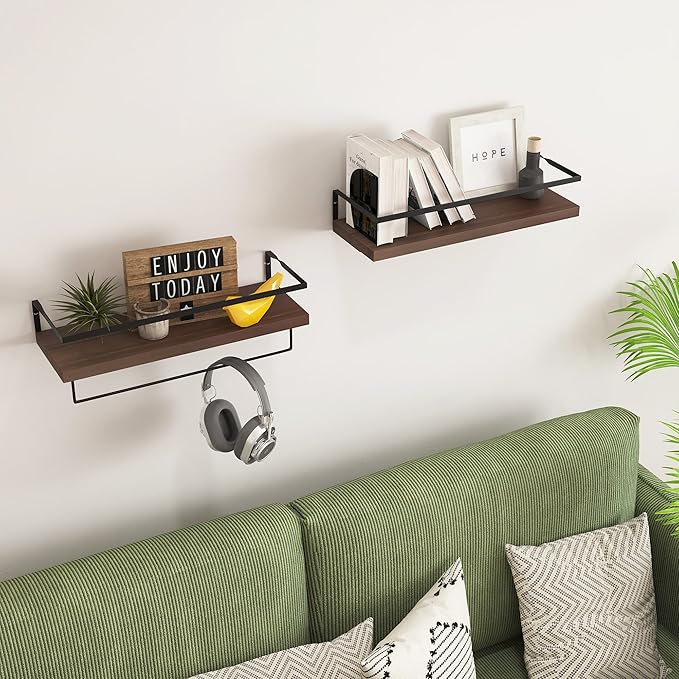 Wood Floating Shelves Wall Mounted - 2+1 Tier Rustic Bathroom Wall Shelves Over Toilet with Towel Bar, Natural Wood Set of 2 