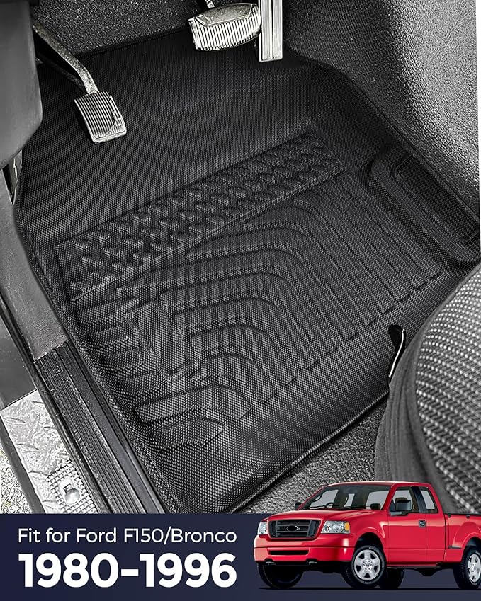 CreekT® for Ford F150 & Bronco Floor Mats 1980-1996, for F250/F350 1980-1997 All Weather Floor Mats, Custom Fit for Ford F-150 & Bronco, 2-Piece Front Set Rubber Heavy Duty Classic Truck Accessories