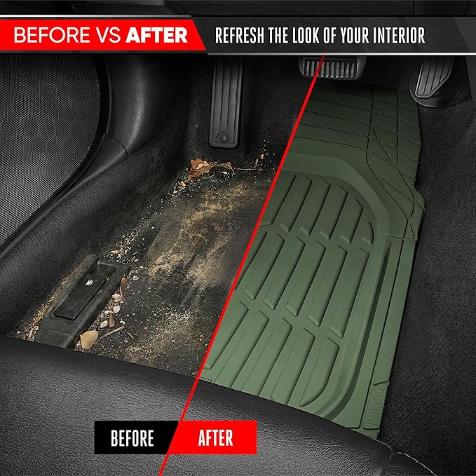 Motor Trend FlexTough LITE Rubber Car Mats Full Set - All Weather Floor Mats for Trucks, Cars & SUVs - Automotive Waterproof Green Car Floor Mats for Cars Interior Accessories Universal Trim-to-Fit