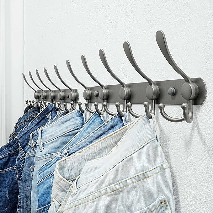 Dseap Coat Rack Wall Mounted - 5 Tri Hooks, Heavy Duty, Stainless Steel, Metal Coat Hook Rail for Coat Hat Towel Purse Robes 