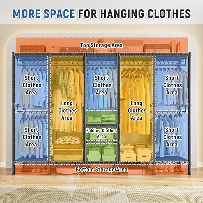 Raybee 88.2" W Clothes Rack Heavy Duty Clothing Racks for Hanging Clothes Extra Wide Portable Closet Loads 1200LBS Freestandi