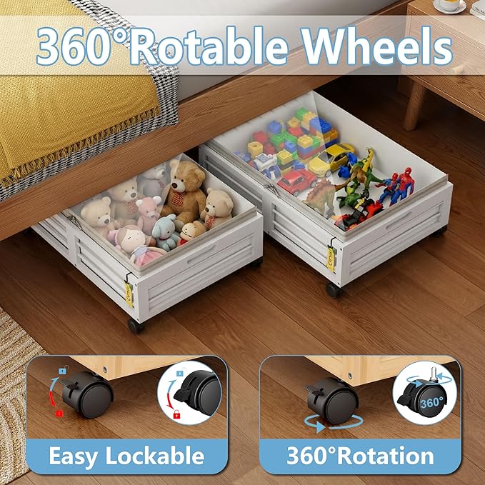 Under Bed Storage Containers with Wheels, Larger Bamboo Wood Under Furniture Storage Containers with Dust Bags，Rolling for Sh