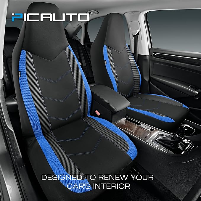 PIC AUTO Car Seat Covers - High Back Front Seat Covers, Sports Carbon Fiber Mesh Design, Universal Fit, Airbag Compatible (Bl