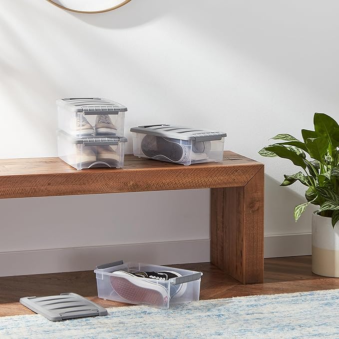 Amazon Basics Plastic Storage Containers with Secure Latching Lids, Stackable Organization Bins for Organizing, Clear/Grey, 5