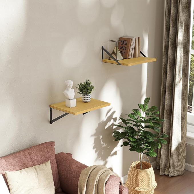 Deep Floating Shelves Wall Mounted, 16"x12" Oak Wall Shelves with Brackets Set of 2 for Bedroom, Living Room, Bathroom, Kitch
