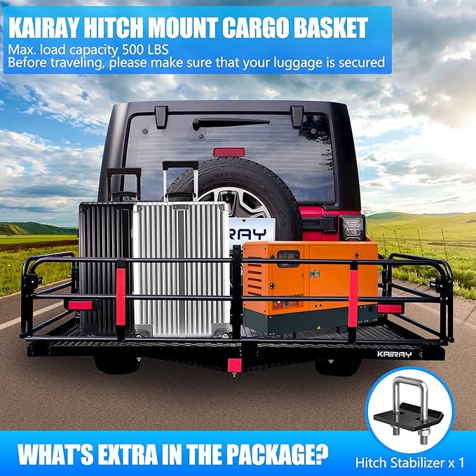 KAIRAY 500 Lbs Heavy Duty Hitch Mount Cargo Carrier 60" x 24" x 14.4" Folding Cargo Rack Rear Luggage Basket Fits 2" Receiver for Car SUV Camping Traveling