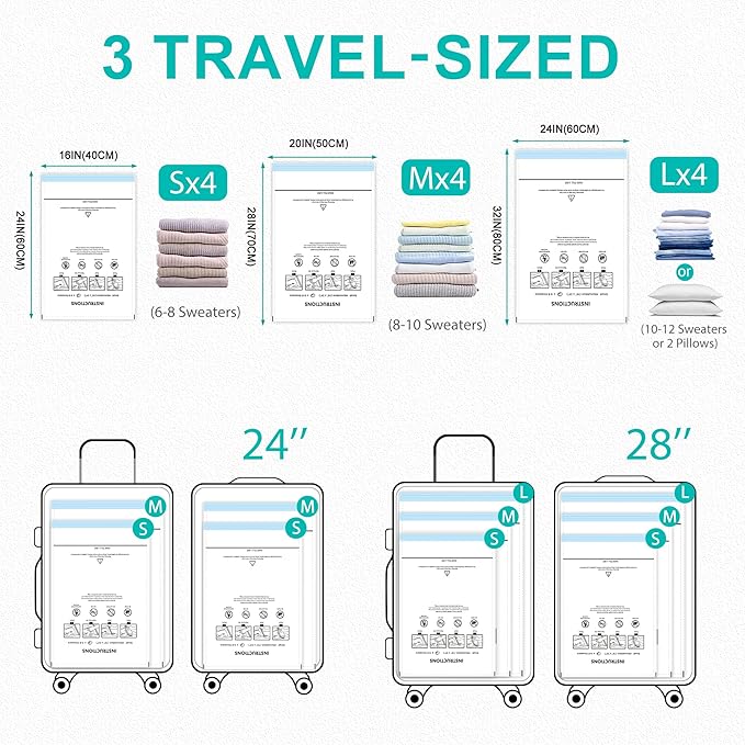 Vacuum Storage Bags with 3000Pa Wireless Pump for Travel, 12 Pack Vacuum Seal Bags for Clothing Travel, Compression Vacuum Ba