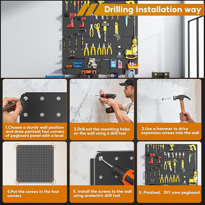 Peg Board,Total 32” x 32”, 68PCS Heavy Duty Metal Pegboard with Hooks, 4 Pack Black Peg Board Panels, 50lbs Load Capacity Eac
