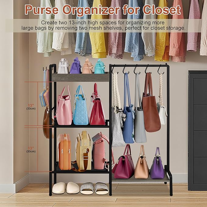 2-in-1 Shoe and Purse Rack, 5-Tier Shoe Rack with Wooden Tray & 7 Hooks, Industrial Metal Shoe Shelf with Removable Shelves f