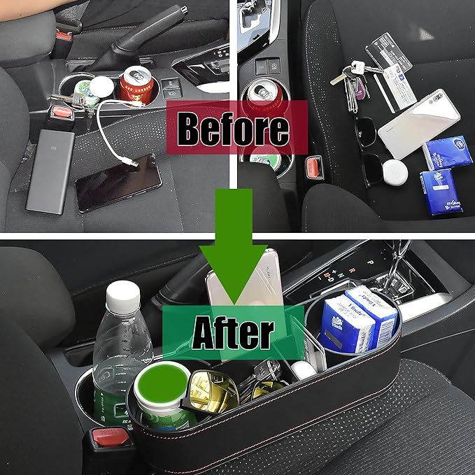 Iokone Coin Side Pocket Console Side Pocket Leather Cover Car Cup Holder Auto Front Seat Organizer Cell Mobile Phone Holder (Slim-Black)