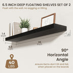 36 Inch Floating Shelves | 6.5 Inch Deep Black Floating Shelves Set of 2 | 36" W x 6.5" D Rustic Black Wood Wall Shelves with