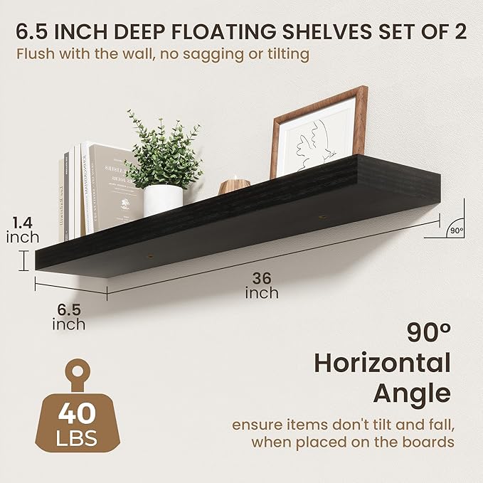36 Inch Floating Shelves | 6.5 Inch Deep Black Floating Shelves Set of 2 | 36" W x 6.5" D Rustic Black Wood Wall Shelves with