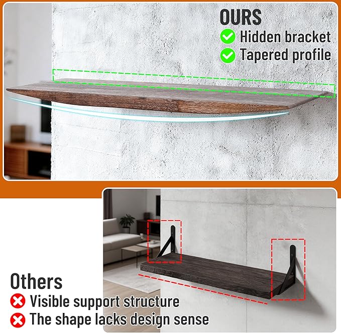 Floating Shelves for Concrete Wall: Solid Wood Shelf 15.75 and 23.6 inch with Heavy Duty Hidden Bracket for Display Books Pla