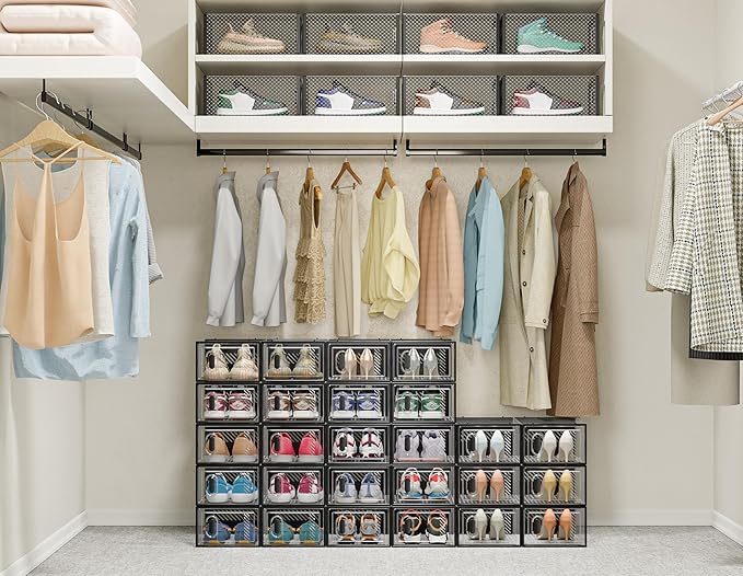 SIMPDIY Shoe Storage, 12 Pack Shoe Organizer for Closet, Shoe Boxes Clear Plastic Stackable Shoe Containers with Lids for Siz
