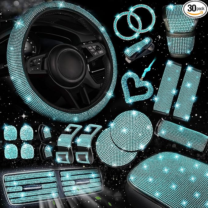 NBTEPEM 30 Pcs Aquamarine Bling Car Accessories Set for Women, Steering Wheel Cover Set, Bling Console Cover, Seat Belt Cushion, Shift Knob Cushion, Cup Coaster, Rhinestone Car Hanging Accessories