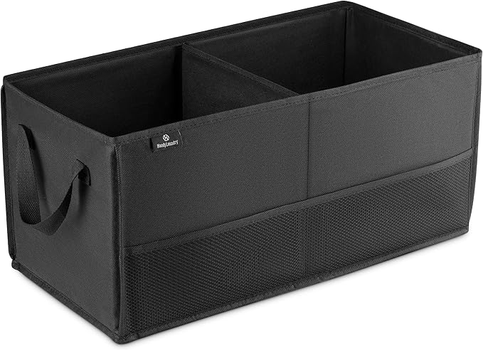 Handy Laundry Car Trunk Organizer - Large 2 Compartment Storage Bin with Non-Slip Fastener, Mesh Side Pockets & Heavy-Duty