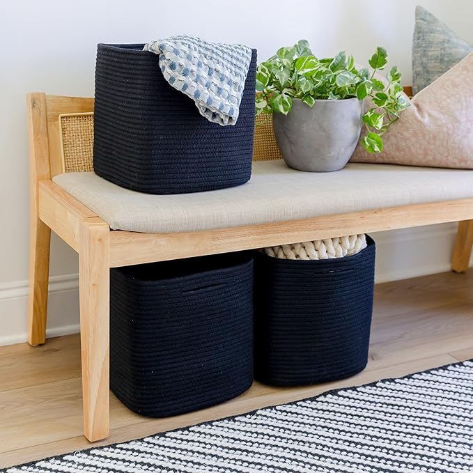 NaturalCozy Storage Cubes 11 Inch Cotton Rope Woven Baskets for Organizing, 3-Pack | Cube Storage Bin | Square Storage Basket