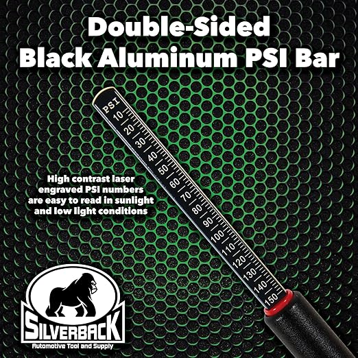 Silverback Automotive Professional Dual Foot Truck Tire Pressure Gauge, Midnight Black Powder Coat Textured Finish. Black Metal Bar Stick Gauge Range 10-150 PSI in 2 PSI Increments