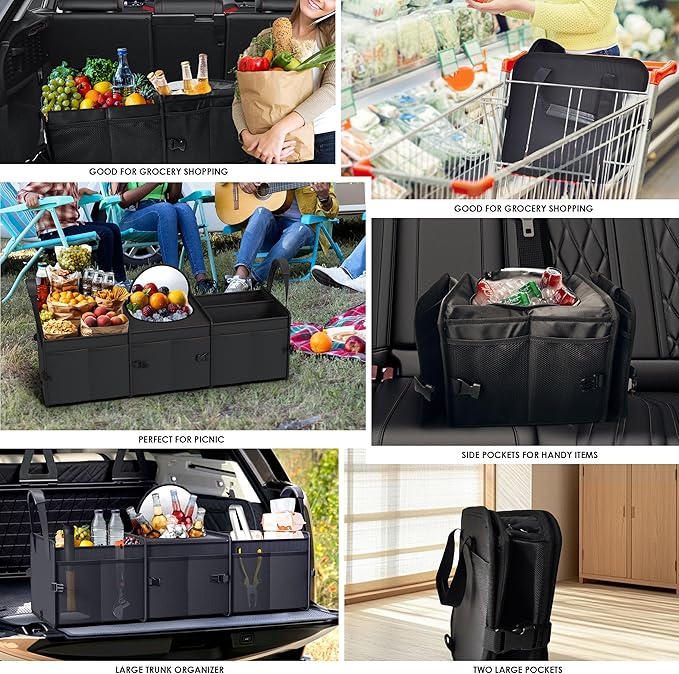 Trunk Organizer, 95L Capacity SUV Trunk Organizer with Cooler, 3 Compartments Heavy Duty Collapsible Car Storage Organizer