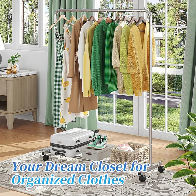 Simple Trending Standard Clothes Clothing Garment Rack with Storage Shelves, Rolling Clothes Organizer on Wheels for Hanging 
