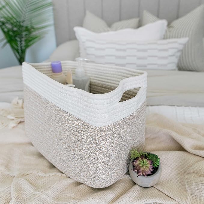 OrganiHaus Rope Baskets for Shelves - Set of 3 Woven Storage Baskets for Organizing, Closet & Toy Storage - Light Honey/Off-W