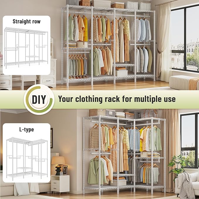 Raybee Clothing Racks for Hanging Clothes,Heavy Duty Clothes Rack with Shelves,Portable Closet Adjustable,76" W x 77" H x 18"