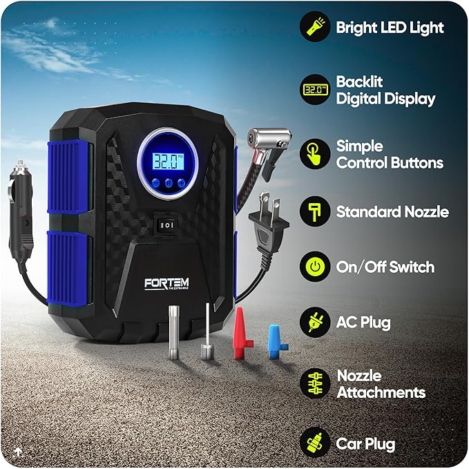 FORTEM Tire Inflator Portable Air Compressor, Air Pump for Car Tires and Bikes, Car Tire Pump w/Auto Shut Off, 150 PSI, 110V AC 12V DC, LED Light, Carrying Case, for Men, Women