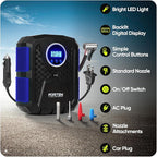 FORTEM Tire Inflator Portable Air Compressor, Air Pump for Car Tires and Bikes, Car Tire Pump w/Auto Shut Off, 150 PSI, 110V AC 12V DC, LED Light, Carrying Case, for Men, Women