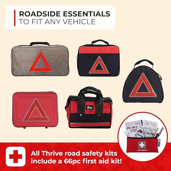 Thrive Car Emergency Kit & Roadside Emergency Car Kit - 104-Piece Set, Red Canvas Bag, Universal Fit - Jumper Cables, Escape 