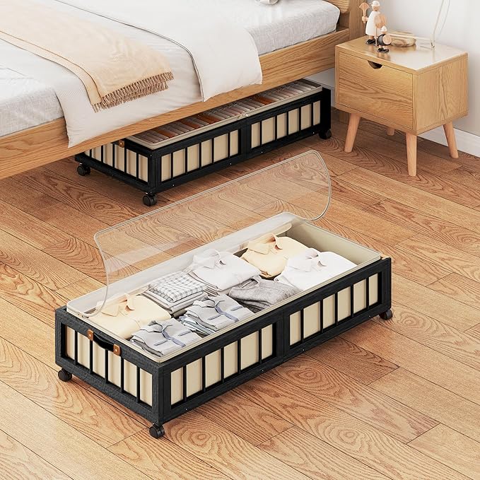 efluky 2-Pack Bamboo Under Bed Storage with Wheels, Rolling UnderBed Storage Basket with Large Dust Bag, Under Bed Storage Co
