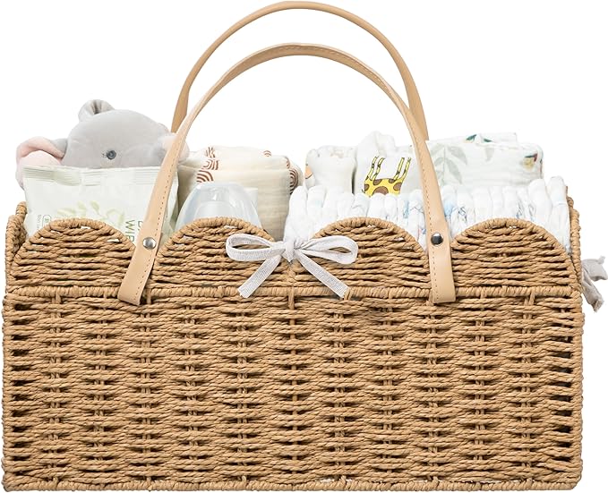 HBlife Large Baby Diaper Caddy, Paper Rope Scalloped Storage Baskets Nursery Bin with Removable Divider, Portable Car Organiz