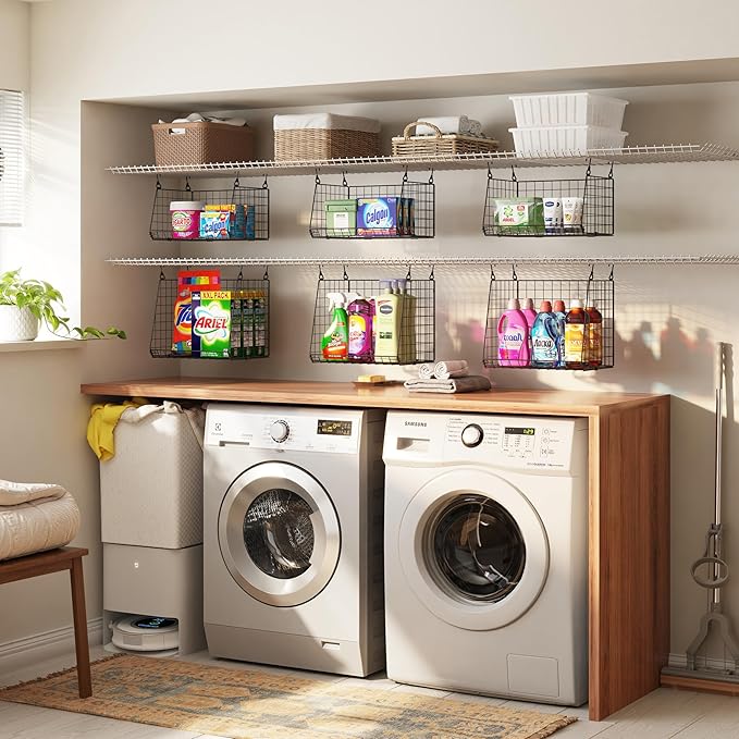 4-Pack Hanging Laundry Room Organizer：Foldable Laundry Room Organizaton Wire Basket with 360°Rotating Hooks Space Saving Over