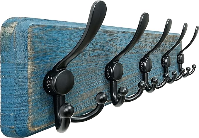 Dseap Coat Rack Wall Mount - Heavy-Duty Robust Barnwood-Style Wooden Wall Coat Hanger Hook Rail with 5 Triple Hooks for Winte