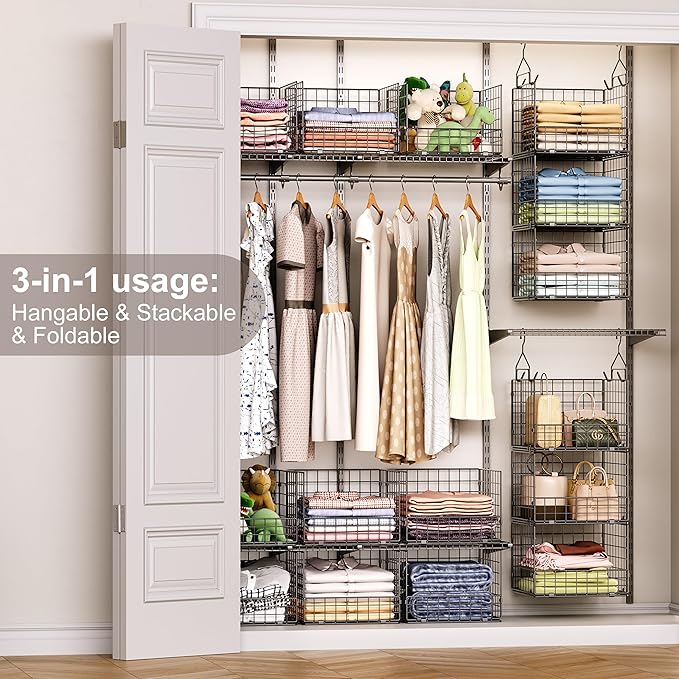 Sonyabecca 3-Tier Hanging Closet Organizer, Foldable Cabinet Wire Storage Basket Bins with 5 S Hooks, Closet Shelves & Hangin