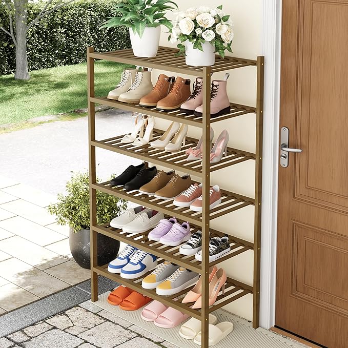 Smiry Shoe Rack, 6 Tier Thick Bamboo Shoe Organizer, Stackable Free Standing Wooden Shoe Storage Shelf for Closet, Entryway, 